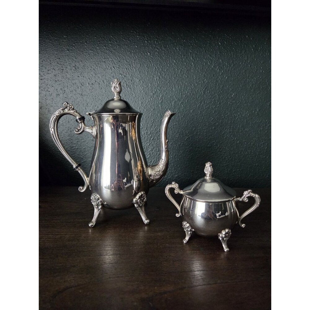 Mid-Century Hudson Bay Co. Silverplate Teapot & Sugar Bowl - Floral Victorian